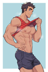 Rule 34 | 1boy, abs, absurdres, bara, bare pectorals, black hair, black shorts, blue eyes, closed mouth, clothes lift, highres, large pectorals, male focus, milkiato, muscular, muscular male, navel, nipples, original, pectorals, red tank top, short hair, shorts, simple background, smile, solo, tank top
