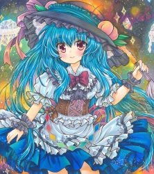 Rule 34 | 1girl, apron, black hat, black wrist cuffs, blue hair, blue ribbon, blue skirt, bow, bowtie, breasts, brown corset, closed mouth, corset, cowboy shot, food, frilled apron, frilled hat, frilled shirt, frilled shirt collar, frills, fruit, hat, hat ribbon, hinanawi tenshi, holding, holding sword, holding weapon, keystone, leaf, long hair, looking at viewer, marker (medium), peach, pink bow, pink bowtie, puffy short sleeves, puffy sleeves, purple ribbon, rainbow order, red eyes, ribbon, rope, rui (sugar3), sample watermark, shide, shimenawa, shirt, short sleeves, skirt, small breasts, smile, solo, sword, sword of hisou, touhou, traditional media, very long hair, waist apron, watermark, weapon, white apron, white shirt, wrist cuffs