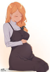 Rule 34 | 1girl, absurdres, blonde hair, dated, dress, fire emblem, fire emblem: three houses, hands on own stomach, highres, mercedes von martritz, motherly, nintendo, nojo, pinafore dress, pregnant, side ponytail, sitting, sleeveless dress, smile, solo