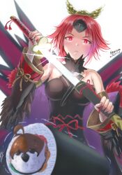 Rule 34 | 1girl, benienma (fate), benienma alter (fate), bird, black dress, black sleeves, breasts, commentary request, detached sleeves, drawing sword, dress, fate/grand order, fate (series), feather-trimmed sleeves, food, frown, headpiece, highres, holding, holding sword, holding weapon, long hair, makizushi, medium breasts, red eyes, red hair, sheath, spoilers, sushi, sweat, sword, tearing up, tetsu no samurai, weapon