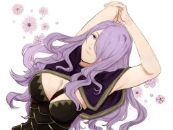 Rule 34 | 1girl, arms up, bad id, bad pixiv id, breasts, camilla (fire emblem), cleavage, fire emblem, fire emblem fates, flower, hair over one eye, large breasts, long hair, nintendo, purple eyes, purple hair, simple background, smile, solo, umemaru (oume maru)