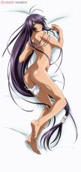 Rule 34 | 00s, 1girl, :o, absurdly long hair, antenna hair, arched back, ass, back, barefoot, bed, bed sheet, black hair, blue eyes, blush, breasts, dakimakura (medium), embarrassed, feet, from above, full body, gotou junji, hair over one eye, ikkitousen, ikkitousen great guardians, junji goto, kan&#039;u unchou, kneepits, large breasts, legs, long hair, looking at viewer, looking back, low-tied long hair, lying, non-web source, nude, on side, open mouth, panties, panties around leg, parted bangs, ponytail, profile, purple hair, shadow, side-tie panties, sidelocks, soles, solo, swept bangs, underwear, untied, very long hair, watermark, white panties