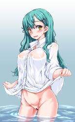 Rule 34 | 10s, 1girl, bokuso, bottomless, breasts, censored, green hair, hair ornament, hairclip, highres, kantai collection, large breasts, long hair, naked shirt, partially submerged, pussy, see-through, shirt, solo, standing, suzuya (kancolle), wading, water, wet, yellow eyes