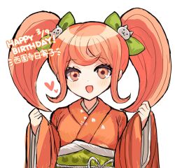 Rule 34 | 1girl, :d, blonde hair, blush, bow, commentary request, danganronpa (series), danganronpa 2: goodbye despair, dated, green bow, grey background, hair bow, hands up, happy birthday, heart, highres, japanese clothes, kimono, long sleeves, looking at viewer, multicolored hair, obi, open mouth, orange eyes, orange kimono, red hair, saionji hiyoko, sash, shirocha tei, simple background, smile, solo, two-tone hair