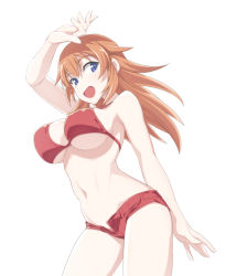 Rule 34 | 1girl, bikini, blue eyes, blush, breasts, charlotte e. yeager, cleavage, from below, large breasts, long hair, micro shorts, nanashino, navel, open clothes, open fly, open mouth, open shorts, orange hair, red bikini, red shorts, shiny skin, shorts, simple background, solo, strike witches, swimsuit, white background, world witches series