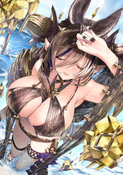 Rule 34 | 1girl, 218, absurdres, animal ears, armpits, asymmetrical hair, bare shoulders, between breasts, bikini, black nails, blue hair, breasts, brown bikini, brown hair, brown horns, choker, cleavage, closed eyes, collarbone, day, extra ears, facing up, from above, galleon (granblue fantasy), granblue fantasy, hair between eyes, highres, horns, huge breasts, long hair, multicolored hair, ocean, outdoors, parted lips, pointy ears, ribbon choker, sandals, smile, solo, staff, streaked hair, swimsuit, thigh strap, very long hair, wading, water, wet