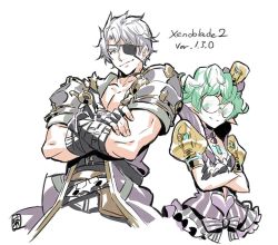 Rule 34 | 1boy, 1girl, armor, curly hair, eyepatch, fingerless gloves, glasses, gloves, hat, jacket, official art, opaque glasses, pandoria (xenoblade), pointy ears, saitou masatsugu, short hair, silver hair, smile, white background, xenoblade chronicles (series), xenoblade chronicles 2, zeke von genbu (xenoblade)