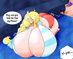 Rule 34 | 1girl, ass, breasts, cassie (theycallhimcake), cleavage, english text, gigantic breasts, highres, huge ass, phone, solo, speech bubble, theycallhimcake