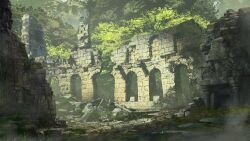 Rule 34 | blurry, blurry foreground, building, commentary, commission, day, english commentary, grass, gyoukan (jfxc), highres, moss, nature, no humans, original, outdoors, pillar, pixiv commission, plant, ruins, scenery, sunlight, tree, wide shot