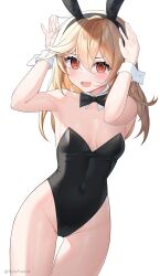 Rule 34 | 1girl, @ @, absurdres, animal ears, arms up, black bow, black bowtie, blonde hair, blush, bow, bowtie, breasts, collarbone, covered navel, cuff links, detached collar, fake animal ears, fang, girls&#039; frontline, hair between eyes, highres, leotard, long hair, looking at viewer, nagant revolver (girls&#039; frontline), open mouth, playboy bunny, rabbit ears, red eyes, rynzfrancis, simple background, skin fang, small breasts, smile, solo, twitter username, white background