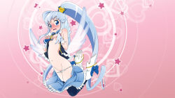 Rule 34 | 10s, 1girl, blue eyes, blue hair, blush, boots, breasts, crown, cure princess, embarrassed, happinesscharge precure!, highres, long hair, looking at viewer, magical girl, matching hair/eyes, nipples, panties, panty pull, pikuseru, pink background, precure, shirayuki hime, small breasts, solo, star (symbol), thighhighs, twintails, underwear, very long hair, wallpaper