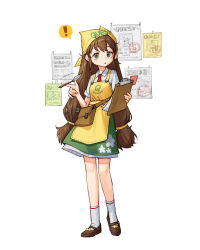 Rule 34 | !, 1girl, apron, brown bag, brown footwear, brown hair, clipboard, collared shirt, green eyes, green skirt, highres, holding, holding clipboard, long hair, looking at viewer, low-tied long hair, necktie, original, red necktie, rinotuna, shadow, shirt, shoes, short sleeves, skirt, socks, solo, spoken exclamation mark, twintails, very long hair, white background, white shirt, white socks, yellow apron