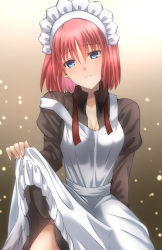 Rule 34 | 1girl, apron, blue eyes, breasts, brown dress, closed mouth, clothes lift, collared dress, commentary request, dress, fingernails, highres, hisui (tsukihime), juliet sleeves, long sleeves, looking at viewer, maid, maid apron, maid headdress, medium breasts, puffy sleeves, red hair, short hair, skirt, skirt lift, solo, tsukihime, vent vert (kuuya), white apron