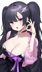 Rule 34 | 1girl, 2er0 zo, absurdres, black choker, black hair, black skirt, bodice, breasts, choker, cleavage, cross-laced clothes, fang, highres, holding, large breasts, long hair, moon momo, multicolored hair, open mouth, purple eyes, purple hair, purple ribbon, ribbon, second-party source, skirt, solo, streaked hair, twintails, virtual youtuber, vlyz, wing hair ornament