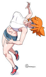Rule 34 | 1girl, abs, armpits, asymmetrical hair, blue eyes, blush, breasts, covered erect nipples, creatures (company), denim, denim shorts, full body, game freak, gym leader, large breasts, legs, looking at another, misty (pokemon), muscular, navel, nintendo, onomeshin, onomesin, orange hair, pokemon, pokemon lgpe, ponytail, shirt, short hair, short shorts, shorts, side ponytail, solo, white shirt