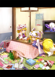 Rule 34 | 3girls, animal ears, bag, blonde hair, blue eyes, book, bow, breasts, brown eyes, brown hair, calendar, calendar (object), cat ears, cat girl, cat tail, cd, cellphone, chen, controller, cup, dakimakura (object), digital media player, drooling, earrings, female focus, food, fox tail, fruit, hair bow, handheld game console, hat, hat with ears, highres, houjuu nue, indoors, ipod, jewelry, kaenbyou rin, kotatsu, letterboxed, letty whiterock, light smile, long hair, mandarin orange, manga (object), messy, messy room, momojiri aya, moriya suwako, multiple girls, multiple tails, nintendo ds, phone, pillow, playstation portable, power-up, product placement, remote control, short hair, single earring, sleeping, table, tail, teacup, television, touhou, twintails, yakumo ran, yakumo yukari, yunomi