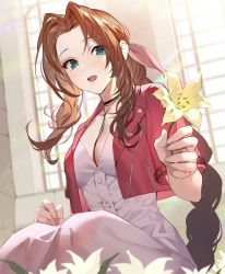 Rule 34 | 1girl, absurdres, aerith gainsborough, black choker, blush, braid, braided ponytail, breasts, brown hair, choker, church, cleavage, cropped jacket, dress, final fantasy, final fantasy vii, final fantasy vii remake, flower, flower bed, green eyes, highres, holding, holding flower, indoors, jacket, jewelry, long dress, looking to the side, medium breasts, necklace, open clothes, open jacket, open mouth, pink dress, red jacket, sitting, sunlight, teffish, tri drills, window