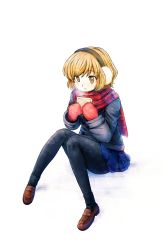 Rule 34 | 1girl, bad id, bad pixiv id, black pantyhose, brown eyes, brown hair, highres, pantyhose, plaid, plaid scarf, reco (fortunequest), red scarf, scarf, short hair, simple background, solo, white background