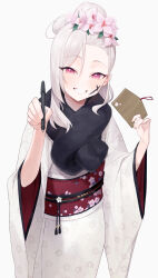 Rule 34 | 1girl, black scarf, blue archive, commentary, ema, flower, gdd (vkejr702), grey hair, grin, hair flower, hair ornament, highres, holding, holding pen, japanese clothes, kimono, long hair, long sleeves, looking at viewer, mutsuki (blue archive), mutsuki (new year) (blue archive), obi, official alternate costume, official alternate hairstyle, pen, pink eyes, pink flower, sash, scarf, simple background, smile, solo, white background, white kimono, wide sleeves