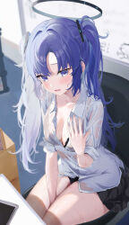 Rule 34 | 1girl, arm between legs, doodle sensei (blue archive), black bra, black skirt, blue archive, blush, bra, bra visible through clothes, breasts, cleavage, collarbone, doodles, halo, highres, indoors, lace, lace-trimmed bra, lace trim, long hair, looking at viewer, medium breasts, mikanagi yuri, open collar, parted bangs, pleated skirt, purple eyes, purple hair, sensei (blue archive), shirt, sitting, skirt, solo, sweat, sweaty clothes, two side up, underwear, very long hair, wet, wet clothes, wet shirt, yuuka (blue archive)