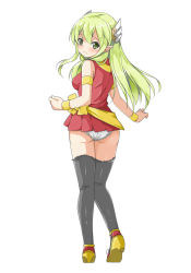 Rule 34 | 1girl, armband, armlet, ass, blush, bow, breasts, elf, elsword, embarrassed, covered erect nipples, from behind, grand archer (elsword), green eyes, green hair, hair ornament, hatsunatsu, high heels, highres, lace, lace-trimmed panties, lace trim, long hair, looking at viewer, looking back, matching hair/eyes, panties, pantyshot, pleated skirt, pointy ears, pom pom (clothes), pumps, red shirt, red skirt, rena erindel, shirt, simple background, skirt, sleeveless, sleeveless shirt, small breasts, solo, tank top, thighhighs, underwear, wavy mouth, white background, white panties, wristband, yellow bow