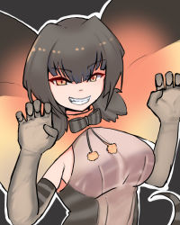 Rule 34 | 1girl, black hair, bluebird (leh951025), bow, bowtie, capelet, claw pose, drawstring, elbow gloves, frilled lizard (kemono friends), gloves, grin, hair between eyes, hands up, kemono friends, looking at viewer, medium hair, multicolored eyes, red eyes, shirt, sleeveless, sleeveless shirt, smile, solo, teeth, upper body, yellow eyes