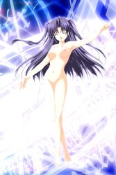 Rule 34 | 1girl, barefoot, black hair, blue background, breasts, closed eyes, game cg, highres, large breasts, long hair, lyrical lyric, magic circle, marmalade (company), mikeou, navel, nipples, nude, open mouth, pussy, solo, standing, takami rin, twintails
