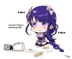 Rule 34 | 1girl, armor, black thighhighs, blender (object), blush, braid, breasts, cleavage, commentary, crying, crying with eyes open, dango, detached collar, english commentary, english text, failure, fizzyfiz-fiz, food, food on head, furrowed brow, genshin impact, highres, japanese clothes, kimono, large breasts, low-braided long hair, low-tied long hair, mitsudomoe (shape), mixer (cooking), obi, obiage, obijime, object on head, purple eyes, purple hair, purple kimono, raiden shogun, sanshoku dango, sash, seiza, shoulder armor, simple background, sitting, solo, spilling, tears, thighhighs, tomoe (symbol), trembling, wagashi, wavy mouth, white background