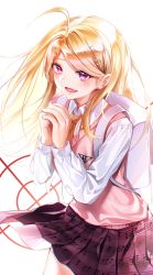 Rule 34 | 1girl, :d, absurdres, ahoge, akamatsu kaede, backpack, bag, beamed eighth notes, blonde hair, blush, breasts, commentary request, cowboy shot, danganronpa (series), danganronpa v3: killing harmony, eighth note, fortissimo, hair ornament, highres, long hair, long sleeves, miniskirt, musical note, musical note hair ornament, necktie, open mouth, pleated skirt, print skirt, purple skirt, school uniform, shirt, simple background, skirt, smile, solo, standing, sweater vest, white background, white shirt, yuckpo 55