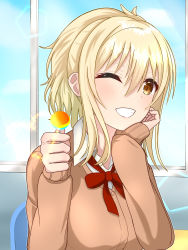 Rule 34 | 1girl, ;), absurdres, artist name, artist request, blonde hair, blush, bow, bowtie, breasts, brown cardigan, brown eyes, brown jacket, buttons, candy, cardigan, chair, collarbone, collared shirt, female focus, flower, food, hair between eyes, hair flower, hair ornament, half updo, hand on own cheek, hand on own face, high ponytail, highres, holding, holding candy, holding food, holding lollipop, indoors, jacket, lollipop, long hair, long sleeves, looking at viewer, love live!, love live! nijigasaki high school idol club, medium breasts, miyashita ai, neck ribbon, nijigasaki school uniform, on chair, one eye closed, orange eyes, parted lips, ponytail, red ribbon, ribbon, school uniform, shirt, side ponytail, sidelocks, sitting, smile, solo, teeth, upper body, white flower, white shirt, window, yellow eyes