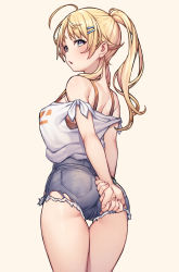 Rule 34 | 1girl, ahoge, alternate hairstyle, arms behind back, ass, blonde hair, blue eyes, blush, breasts, commentary request, cowboy shot, female focus, from behind, hachimiya meguru, hair ornament, highres, idolmaster, idolmaster shiny colors, jp06, long hair, looking at viewer, looking back, medium breasts, own hands together, ponytail, shirt, short shorts, shorts, simple background, solo
