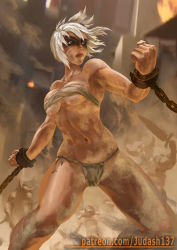 Rule 34 | 1girl, armpits, bare shoulders, bikini, breasts, chain, hair between eyes, highres, judash137, large breasts, league of legends, legs, looking at viewer, makeup, muscular, open mouth, restrained, riven (league of legends), short hair, slave, solo, swimsuit, thighs, toned, white hair