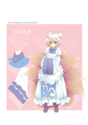 Rule 34 | 1girl, alice in wonderland, apron, bad id, blonde hair, blue hallelujah, boots, character name, character sheet, crossover, dress, female focus, fox tail, full body, hands in opposite sleeves, hat, heart, multiple tails, solo, tail, touhou, yakumo ran, yellow eyes