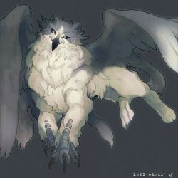 Rule 34 | 1other, animal, animal focus, beak, bird wings, black sclera, claws, colored sclera, doshaburi (kushira), feathered wings, feathers, fluffy, forked tail, full body, green eyes, grey background, grey fur, griffin, head tilt, highres, looking at viewer, lying, original, scales, slit pupils, solo, tail, talons, white fur, wings