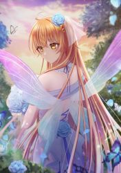 Rule 34 | 1girl, absurdres, alternate hair length, alternate hairstyle, blonde hair, blue flower, blue ribbon, blue rose, blurry, blurry background, bouquet, bridal veil, bug, butterfly, butterfly wings, choker, closed mouth, day, dress, fate/grand order, fate (series), flower, frilled choker, frills, from behind, fujimaru ritsuka (female), grey dress, hair between eyes, hair flower, hair ornament, highres, holding, holding bouquet, insect, insect wings, long hair, off-shoulder dress, off shoulder, outdoors, ribbon, rina sukareltuto, rose, smile, solo, standing, veil, very long hair, wedding dress, white choker, white flower, wings, yellow eyes