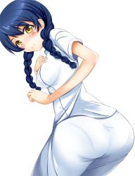 Rule 34 | 10s, 1girl, ass, blue eyes, blue hair, blush, braid, breasts, brown eyes, chef, from behind, hand on own chest, leaning forward, long hair, looking at viewer, looking back, matching hair/eyes, pants, pantylines, shirt, shokugeki no souma, simple background, smile, solo, tadokoro megumi, twin braids, twintails, white background, yellow eyes, yottin