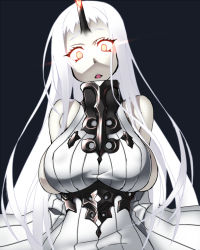 Rule 34 | 10s, 1girl, abyssal ship, bare shoulders, breasts, colored skin, detached sleeves, dress, gaien, glowing, glowing eyes, horns, kantai collection, large breasts, long hair, pale skin, red eyes, ribbed dress, seaport princess, sideboob, single horn, solo, very long hair, white hair, white skin