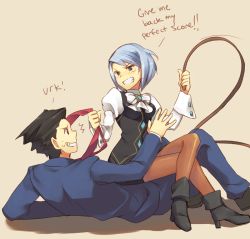 Rule 34 | 1boy, 1girl, ace attorney, angry, black hair, blue eyes, blue hair, blue jacket, blue pants, boots, bow, breasts, brown pantyhose, capcom, clenched teeth, crossed legs, english text, eye contact, facing another, formal, franziska von karma, full body, grabbing, hand up, hands up, high heel boots, high heels, holding, holding weapon, holding whip, jacket, long sleeves, looking at another, looking down, looking up, lying, medium breasts, necktie, nervous, on back, on person, pants, pantyhose, parted lips, pencil skirt, phoenix wright, red necktie, shoes, short hair, sitting, sitting on person, skirt, skirt suit, smile, spiked hair, suit, talking, tears, teeth, weapon, weee (raemz), whip