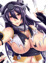 Rule 34 | 10s, 1girl, armpits, bare shoulders, black hair, blush, breasts, bursting breasts, damaged, fingerless gloves, gloves, hair between eyes, hairband, headgear, kantai collection, large breasts, long hair, looking at viewer, nagato (kancolle), nishida megane, open mouth, red eyes, solo, torn clothes, white gloves