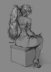 Rule 34 | 1girl, absurdres, artist name, back, back cutout, box, bunching hair, clothing cutout, dark elf, dress, earrings, elf, from behind, gauntlets, greyscale, hair pulled back, high heels, highres, impforhire, jewelry, long dress, long hair, looking back, messy hair, monochrome, nose, on box, original, pointy ears, ponytail, side slit, single gauntlet, sitting, sketch, smile, solo, stiletto heels, thighs, very long hair