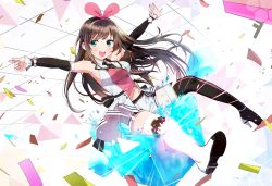 Rule 34 | :d, armpits, arms up, bare shoulders, blue eyes, blush, boots, breasts, brown hair, confetti, detached sleeves, different shoes, glowing, hair ribbon, high heel boots, high heels, highres, kizuna ai, kizuna ai (elegant), kizuna ai inc., long hair, looking at viewer, medium breasts, multicolored hair, navel, open mouth, outstretched arms, pink hair, pink ribbon, ribbon, seicoh, shorts, smile, solo, streaked hair, thigh boots, thighhighs, two-tone hair, very long hair, virtual youtuber, white shorts