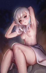 Rule 34 | 1girl, absurdres, aqua eyes, arm behind head, armpits, bad id, bad pixiv id, blue eyes, blue hair, blush, breasts, breasts apart, closed mouth, commentary request, highres, knees together feet apart, linea alba, lips, looking at viewer, medium breasts, medium hair, micat, multicolored hair, naked towel, navel, nipples, sdorica, sione aldric, sitting, small areolae, small breasts, small nipples, solo, towel, two-tone hair, wet, white hair