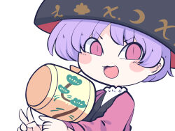Rule 34 | 1girl, black hat, blush stickers, bowl, bowl hat, chahan (fried rice0614), hat, holding, japanese clothes, kimono, miracle mallet, one-hour drawing challenge, open mouth, purple hair, red eyes, red kimono, short hair, simple background, solo, sukuna shinmyoumaru, touhou, upper body, v, white background