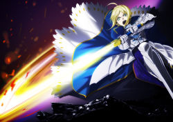 Rule 34 | 1girl, absurdres, ahoge, armor, armored dress, artoria pendragon (fate), blonde hair, blood, dress, excalibur (fate/stay night), fate/stay night, fate (series), faulds, gauntlets, glowing, glowing sword, glowing weapon, green eyes, hair ribbon, highres, light, open mouth, ribbon, saber (fate), solo, sword, u+, weapon, wind