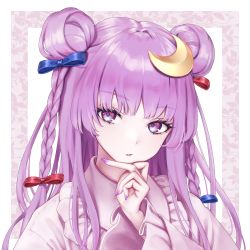 Rule 34 | 1girl, alternate hairstyle, blue ribbon, braid, crescent, crescent hair ornament, double bun, fingers to chin, hair bun, hair ornament, hair ribbon, hand on own chin, highres, looking at viewer, nail polish, no headwear, parted lips, patchouli knowledge, purple eyes, purple hair, purple nails, red ribbon, ribbon, solo, torinari (dtvisu), touhou, tress ribbon, twin braids, upper body