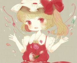 Rule 34 | 1girl, ascot, bad id, bad pixiv id, blonde hair, blush, egg, female focus, flandre scarlet, flower, hat, lowres, open mouth, red eyes, ribbon, rose, short hair, side ponytail, smile, solo, touhou, wings, yujup