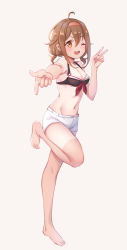 Rule 34 | 1girl, ;d, adapted costume, ahoge, barefoot, bikini, bikini top only, breasts, brown eyes, brown hair, cleavage, commentary request, emia wang, full body, grey background, groin, hair between eyes, hairband, highres, kantai collection, leg up, looking at viewer, medium hair, navel, one eye closed, open mouth, outstretched arm, round teeth, shiratsuyu (kancolle), short twintails, shorts, simple background, small breasts, smile, solo, standing, standing on one leg, swimsuit, tan, tanline, teeth, twintails, upper teeth only, v, white shorts