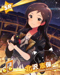 Rule 34 | 10s, 1girl, beamed quavers, blush, brown eyes, brown hair, card (medium), character name, character signature, female focus, idolmaster, idolmaster million live!, jacket, jewelry, kawakami tetsuya, kitazawa shiho, leather, leather jacket, long hair, looking at viewer, musical note, necklace, official art, signature, smile, solo, stuffed animal, stuffed cat, stuffed toy