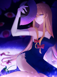 Rule 34 | 1girl, alternate costume, arm up, blurry, blurry background, blurry foreground, bow, breasts, caustics, china dress, chinese clothes, cleavage, dark, depth of field, dress, elbow gloves, flower, folding fan, frills, gap (touhou), gloves, hair between eyes, hair bow, hand fan, highres, hip focus, holding, holding fan, legs, light, light particles, medium breasts, nano popo02, no headwear, partially submerged, pink lips, purple eyes, purple flower, purple pupils, purple rose, red bow, red eyes, rose, see-through, side slit, sidelocks, sideways glance, sitting, sitting on water, smile, solo, strapless, strapless dress, thighs, touhou, wariza, water, yakumo yukari