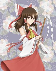 Rule 34 | 1girl, arm garter, armpit peek, ascot, bare shoulders, bow, brown eyes, brown hair, closed mouth, cowboy shot, detached sleeves, floral background, from side, gnlo, gohei, hair bow, hair tubes, hakurei reimu, highres, japanese clothes, long hair, long sleeves, looking at viewer, looking to the side, miko, red bow, red shirt, red skirt, ribbon-trimmed sleeves, ribbon trim, sarashi, shirt, sidelocks, sideways glance, skirt, skirt set, sleeveless, sleeveless shirt, solo, touhou, wide sleeves